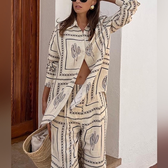 Shirts Two Piece Set Women Long Sleeve Lapel Shirts High Waist Wide Leg Pants - Picture 4 of 4